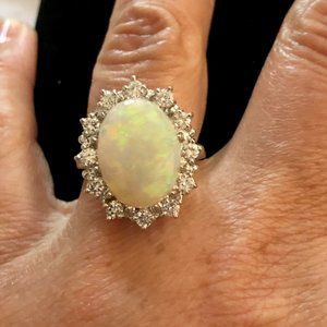 14K White Gold Natural Opal Diamond Ring
